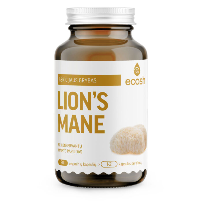 ecosh-lions-mane-90-kaps Ecosh Lion’s Mane 90 kapsulių – natūralus Hericium erinaceus grybas polisacharidams ir nervų sistemai, vegan, Estija
