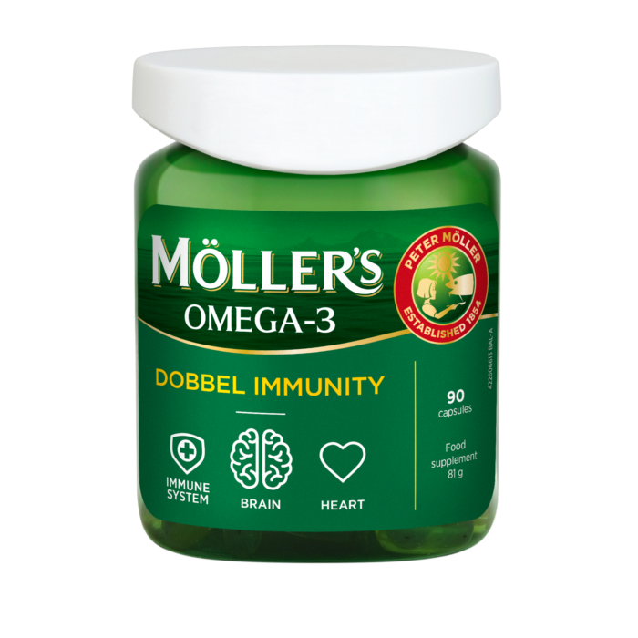Mollers-Omega3-Dobbel-Immunity MOLLER'S OMEGA-3 DOBBEL IMMUNITY žuvų taukai, 90 kapsulių - Image 1