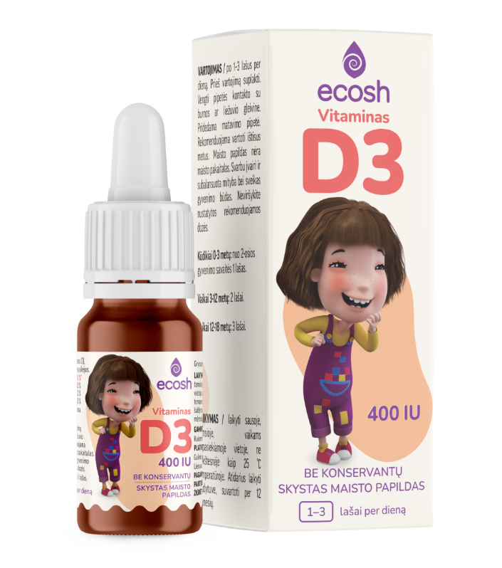 ECOSH KAKĖ MAKĖ Vitaminas D3 su kokosų aliejumi 400 IU, 10 ml ECOSH KAKĖ MAKĖ Vitaminas D3 su kokosų aliejumi 400 IU, 10 ml